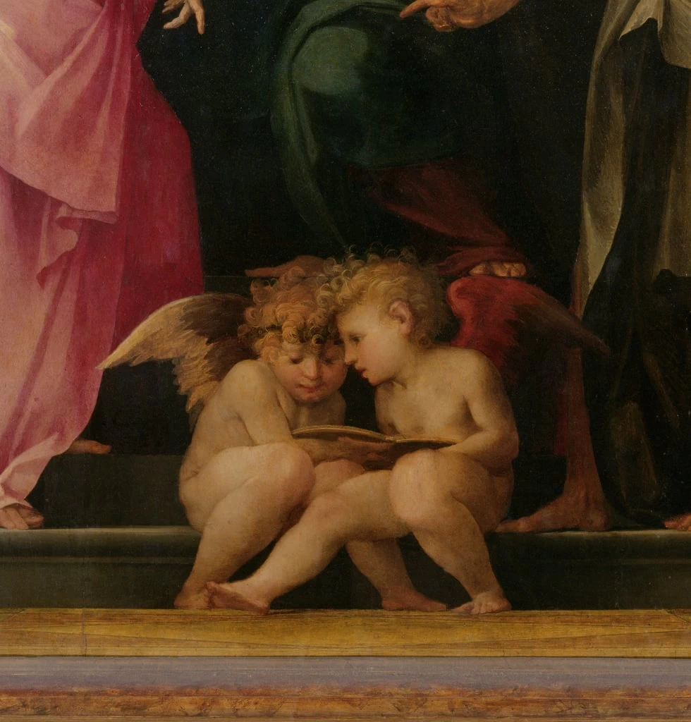 Fiorentino - Due cherubini in lettura, particolare di Madonna col Bambino e Santi, Galleria degli Uffizi, Firenze